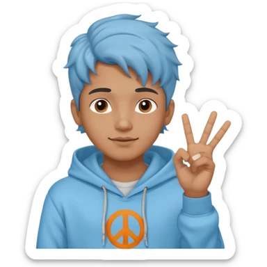 An indian boy in a light blue hoodie with wavy flow hairstyle showing peace sign sticker