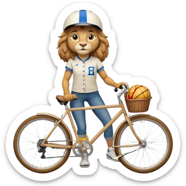 confident anthropomorphised female lion wearing a baseball shirt, jeans, trainers, and a cycling helmet, riding a bicycle sticker