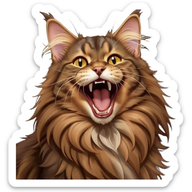Cinematic Cute Brown Maine Coon Cat Portrait Emoji, Head tilted playfully while yawning exaggeratedly, sleek brown and black fur with a majestic mane, Simplified yet hilariously adorable features, highly detailed, glowing with a warm, confident glow, high shine, mischievous yet lazy, stylized with a touch of playful whimsy, bright and endearing with a comical, yawning expression, soft glowing outline, capturing the essence of a quirky yet loving and lazy kitty, so meme-worthy it feels like it could stretch out of the screen and demand attention in the most dramatic way! sticker