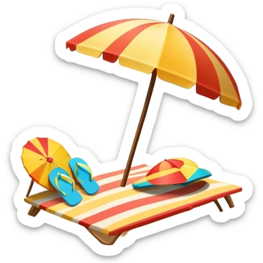 Icon for Beach Tourism: a sandy beach with a sun umbrella and flip-flops, with the ocean landscape in the background. The icon should capture the relaxation and fun of a beach vacation. Transparent background sticker