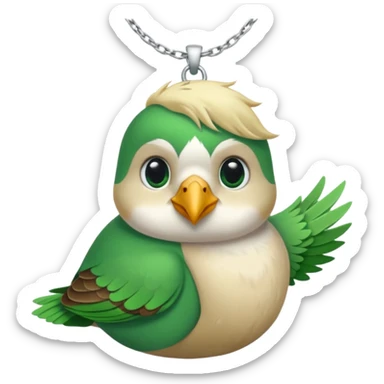 un oiseau classique tout vert avec un collier autour de son cou avec des breloque argentées et un seul poil blond qui fait une petite bouclette sur le front le collier est autour de son cou sticker