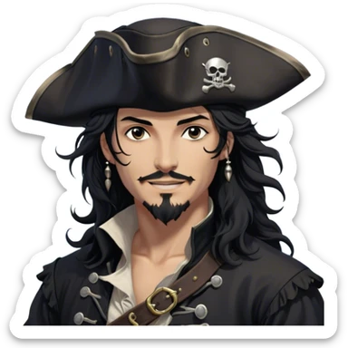 A charismatic pirate with wavy black hair that falls just past his shoulders, tousled slightly by the sea breeze. He wears a black tricorn hat with subtle silver embroidery along the edges, casting a shadow over his sharp, confident features. His piercing dark eyes glint with mischief as he gazes to the side, a knowing smile playing at his lips. His well-fitted black coat, adorned with polished silver buttons and intricate stitching, moves slightly with the wind, revealing glimpses of a deep-crimson waistcoat underneath. A silver chain dangles from his belt, catching the dim golden light of the setting sun. His posture is relaxed yet assured, exuding effortless charm as if he owns the sea itself. sticker