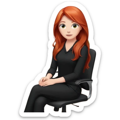 Video call therapy session: red-haired therapist with long hair wearing black minimalist clothing, seated in a professional home office, looking at the webcam; calm, modern teletherapy setting sticker