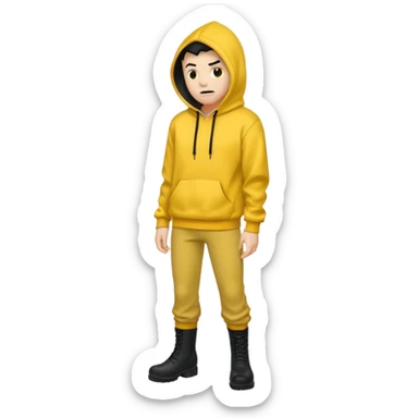 Invincible but whering a yellow hoodie and the mouth covered whering black pants and black boots sticker