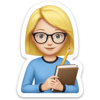 A smart and cute girl with yellow bobbed hair, wearing sky blue clothes,
I hold a book in one arm. There is a pen in the book.
He is wearing black-rimmed glasses and smiling brightly. sticker