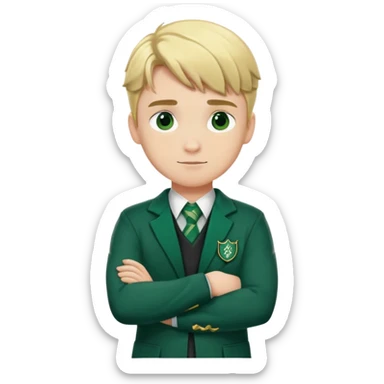 Blonde male student wearing Slytherin uniform with arms crossed sticker
