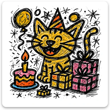 Make the birthday cake more colorful while keeping the chaotic outlined style and all other elements intact sticker