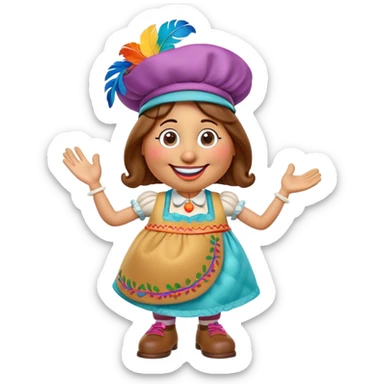Create a 3D Pixar-style Mrs. Potato Head character with a rounded, slightly uneven shape, expressive eyes, a wide smile, and cartoonish limbs, dressed in a colorful apron with intricate embroidery, a vibrant hat adorned with a feather sticker