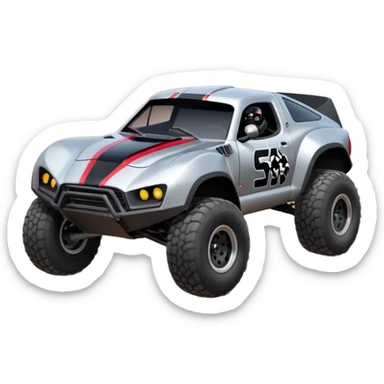 Satan’s and Vader (post race) Cabernet Dirty and dented Local Motors Rally Fighter off road race car hot rod trophy truck-style flying on a dusty road (silver wheels) sticker