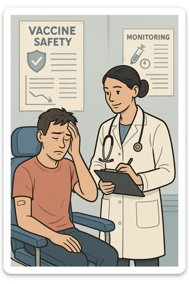 Vertical, educational medical illustration: a healthcare professional observes a patient who appears unwell after receiving a vaccine. The patient sits in a clinic chair, showing mild symptoms such as fatigue or headache, while the professional takes notes and offers reassurance. The background includes educational posters about vaccine safety and monitoring. sticker
