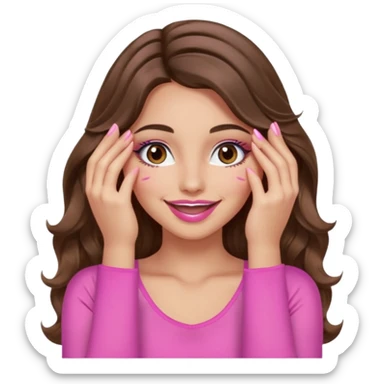 girl with long wavy brown hair, brown eyes, long lashes, sexy pink lips, light to medium complexion, wearing a pink sexy top, smiling, hands covering over the eyes sticker