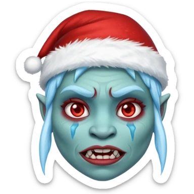 Fantasy orc portrait emoji, Santa Claus hat with icy texture, frozen scar glowing deep red against icy blue skin tones, primal winter survival theme, restrained detail, clean readable emoji style, female variant
 sticker