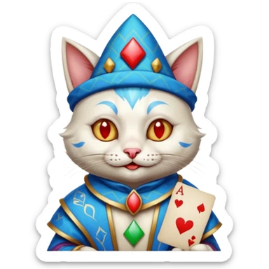 crazy colorful cute little cat jolly joker from poker, medieval, vintage, court jester, mac os icon, blue color, holds an ace poker card (clearly detailed and precise) sticker