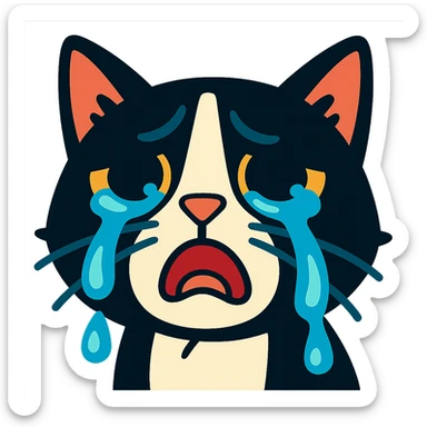 crying tuxedo cat with dramatic tears streaming, close-up face, vibrant toon style sticker