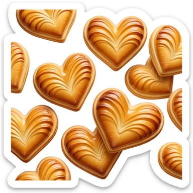Cinematic crisp palmier, golden-brown heart-shaped pastries, perfectly caramelized layers, delicate and flaky, warm glowing background, inviting and delicious. sticker