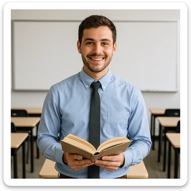 a young male teacher, friendly, holding a book, professional attire, modern classroom background sticker