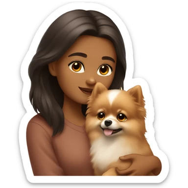 A girl with brown eyes and Tiber coloring hugs a beige pomeranian puppy sticker