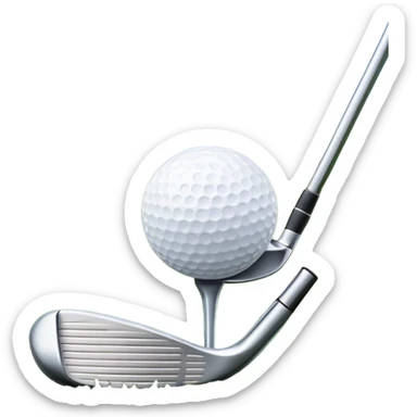 A golf ball on a tee, with a golf club placed beside it on the lush green fairway. The background shows a serene golf course with neatly trimmed grass and a clear blue sky, emphasizing the elegance and precision of the game. sticker