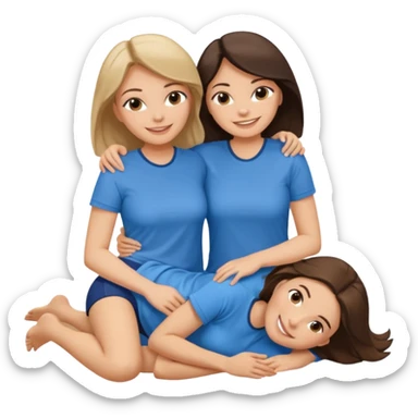 two white brunette women lying down full body on top of each other wrapped around each other one wearing a blue shirt sticker