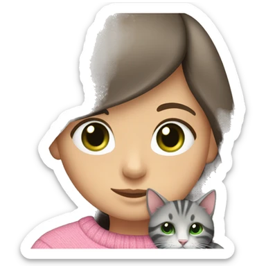 Brunette girl with long hair and green eyes in a pink sweater hugs a gray striped cat. The cat has brown eyes sticker