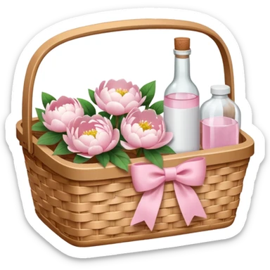 White Picnic basket with light pink bow and white peonies and a pink bottle inside sticker