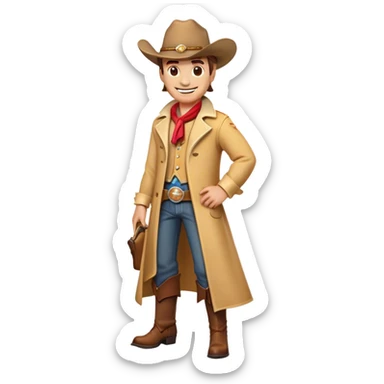 Clash of Clans aesthetic Cheerful Cowboy Portrait Emoji, With a bright, confident smile and a relaxed, adventurous stance, showcasing a stylized, spirited build in a duster coat and classic hat, his face rendered in natural skin tone, Simplified yet expressive features, highly detailed, glowing with a soft, golden western radiance, high shine, upbeat and daring, stylized with an air of classic cowboy allure, soft glowing outline, capturing the essence of a cheerful cowboy ready to gallop into epic adventures! sticker