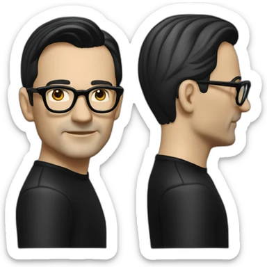 small photo realistic Ralf Hutter from Kraftwerk, short straight black hair, Dark Brown eyes, black glasses, thin, black shirt, side view, waving sticker