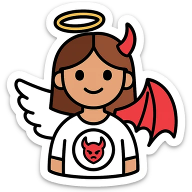 Edit this image to depict a brown-haired girl with a split angel and devil theme. One side is angelic with a halo and white wing, the other side devilish with a horn and bat wing. Remove the background. sticker