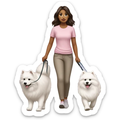 full body view of brunette female with light pink skin tone walking one samoyed dog on a leash sticker