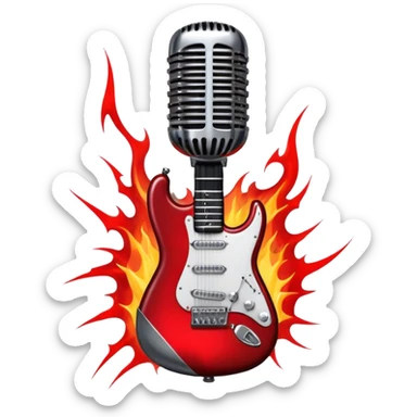 Create a fierce and edgy emoji representing hardcore rock vocal performance in a humanless collage. The design should feature a vintage microphone at the center, surrounded by a menacing, distorted electric guitar with sharp, aggressive angles. Add crossed drumsticks behind the microphone to symbolize the rhythm and power of the drums. Include subtle elements like lightning bolts, flames, or jagged sound waves to evoke the raw energy and intensity of hardcore rock. Use dark, intense colors like black, red, and silver, with a metallic, gritty finish to convey the rebellious, aggressive spirit of the genre. The background should be transparent. sticker