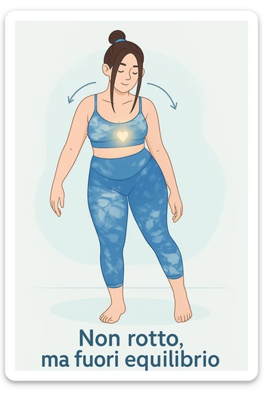 a woman stands in a relaxed pose, with a gentle, confident expression. Her body is shown with subtle, curved lines or arrows indicating areas of imbalance (such as a slight tilt in the shoulders or hips), but no signs of injury or damage. A soft glow or heart symbol at her core emphasizes resilience and the message “Non rotto, ma fuori equilibrio” The background is clean and clinical, with light blue tones. sticker