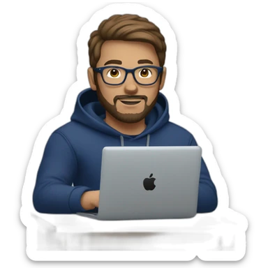 Brown short hair white man with a beard and round glasses typing on apple computer wearing a dark blue nike hoodie sticker