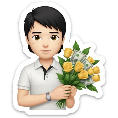 generate a pretty fair bratz boy with a messy mullet (black hair), wearing a white polo.  carrying a bouquet made of CASH. expensive car behind him sticker
