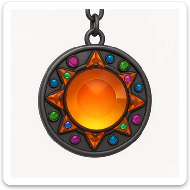 Transform this into a charm: add a black chain attached to the top and small colorful gemstone accents around the main amber gem, keep the 3D emoji style sticker
