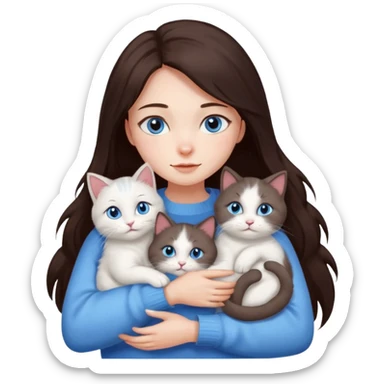a girl with long dark 
brown hair, with blue eyes, in a
white sweater, hugs 3 different natural coloured cats sticker