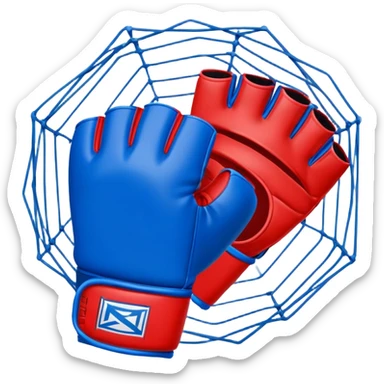 An MMA cage glove, half red and half blue, symbolizing both fighters, surrounded by a simplified octagon shape, dynamic energy lines, minimal and sharp design sticker