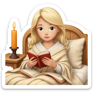 Cozy blonde girl reading book with blanket and candle sticker