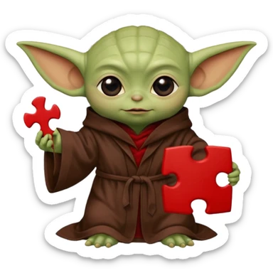 Baby Yoda con su tunica clasica chocolate sosteniendo una pieza de rompecabeza color rojo que diga Valores sticker