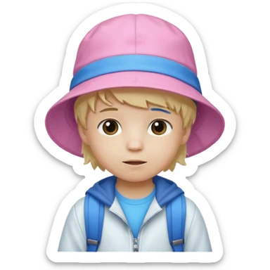 A little boy student white skin, blonde hair, with pink bucket hat, white jacket, blue backpack sticker