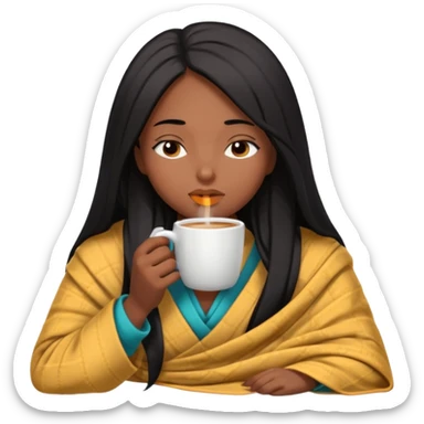 Chocolate brown girl with long straight jet black hair inside a blanket sipping coffee eyes closed sticker
