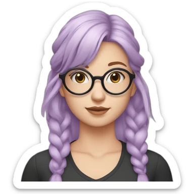White girl with light purple hair with Ponytail and Split bangs in 3 and rounded frame pastel pink glasses and pastel blue with a black shirt sticker