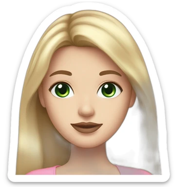 Female with long brown hair. Light bang. Dark Green eyes. Pale skin. Aesthetic cute pink outfit. Pink lipstick. Blonde eyebrows  sticker