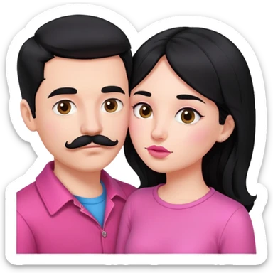 White couple kissing, boy with a mustache and black hair, the girl with long black hair in pink clothes sticker