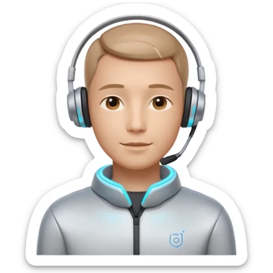 AI Call Agent holo-human-like Cyber AI face, warm, calm and friendly. Holographic look.Soft AI face with a listening, welcoming expression, minimal facial lines, calm eyes. Light headset. Man. sticker