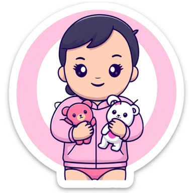 cute toddler girl with pastel pink clothes holding a pink teddy bear sticker