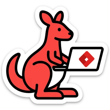 stylized kangaroo with a laptop, modern and techy, red and white YouTube color scheme, Microsoft Power Pages theme icon sticker