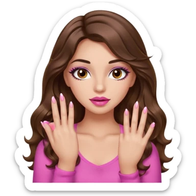 girl with long wavy brown hair, brown eyes, light to medium complexion, in a pink sexy top, pink lips, long lashes, puckered lips, showing my manicure one hand 5 fingers sticker