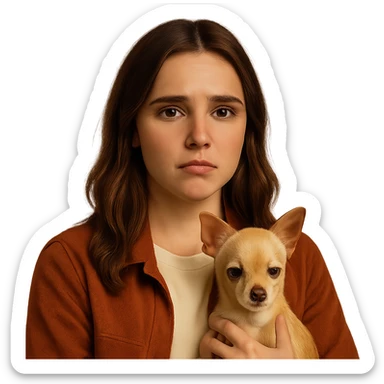 Portrait centered for Instagram profile picture, inspired by the facial features visible in the reference images, with a tanned complexion, subtle freckles, shirt color #FFF8CA, rust-colored jacket, medium-length brown hair with auburn highlights, disappointed and sad expression, holding a beige-brown chihuahua, Netflix series style, transparent background, intimate Tenerife ambiance. sticker