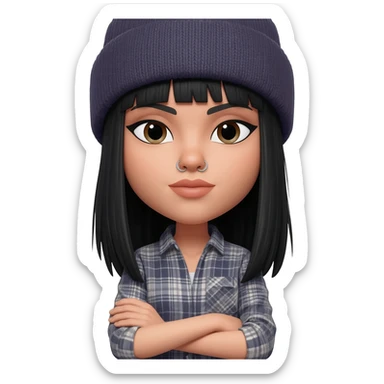 White curvy female with straight black hair wearing a beanie and standing with arms crossed wearing a plaid shirt and both nostrils pierced sticker