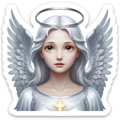 Cinematic Angel, Ultra realistic 32k HD, hauntingly beautiful, Balanced features, highly detailed, glowing with silver light, high shine, remembrance, a painting of white silver, fanciful, enchanting, ghostly. The image is so lifelike it feels as though it could leap off the canvas at any moment sticker